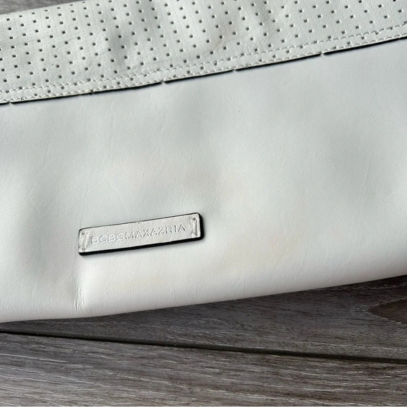 BCBGMAXAZRIA Metallic Laser Cut  Leather Criss Cross Flap Clutch Evening Handbag - Picture 4 of 16